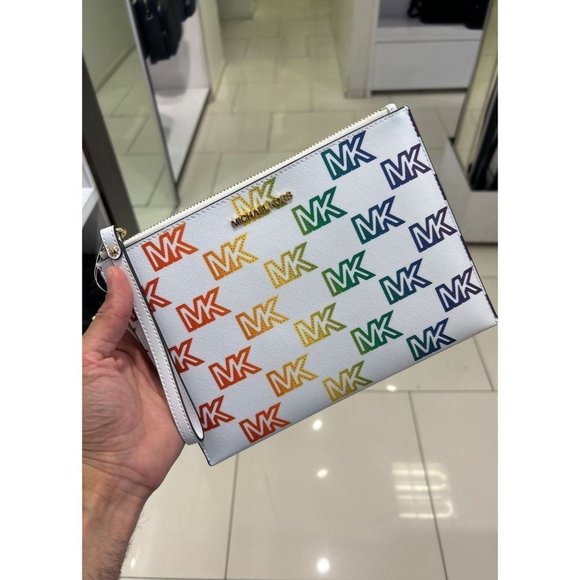 Michael kors xl zip clutch wristlet optic white multi - Picture 1 of 8